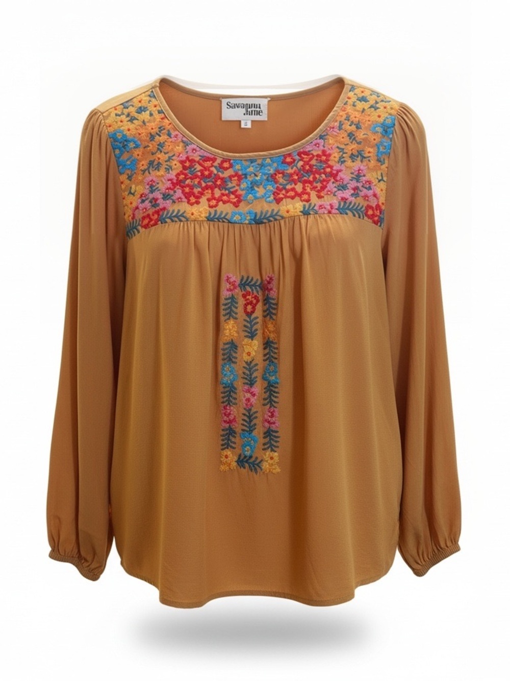 Savanna Jane Boho Embroidered Floral Blouse - Mustard Yellow - Size Small